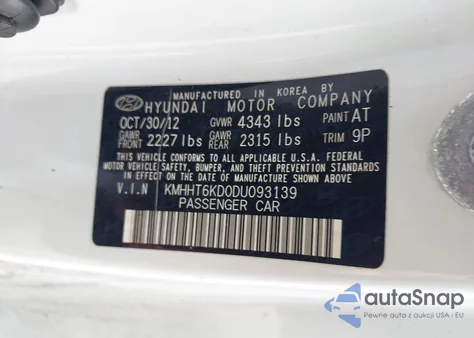 2013 Hyundai Genesis 2.0T Premium z USA, uszkodzony, nr VIN KMHHT6KD0DU093139